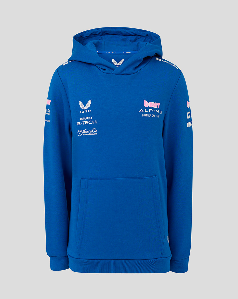 Junior blue BWT Alpine Formula One Team pullover hoodie with hood and large front pocket