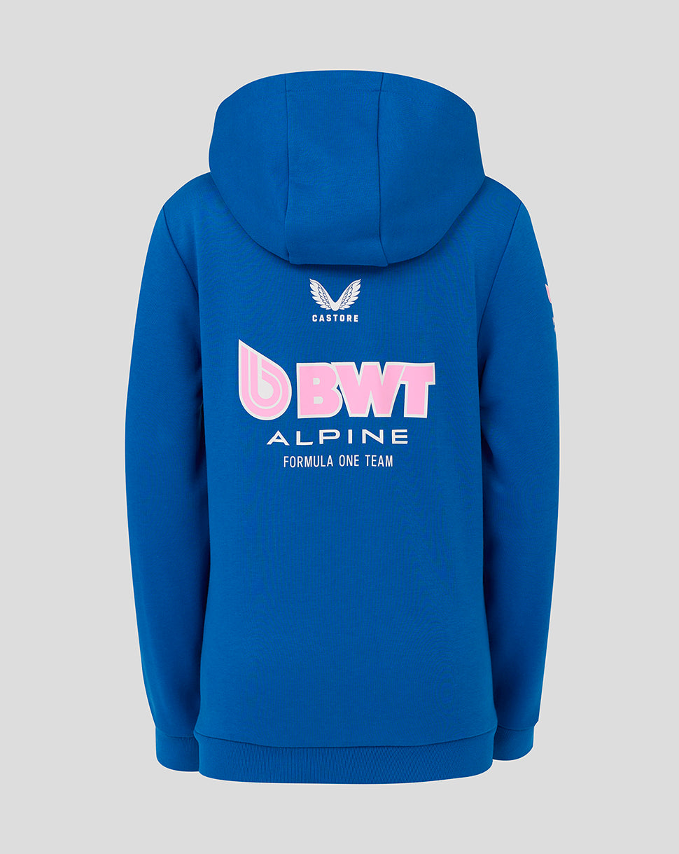 Back view of lapis blue junior hoodie with a large pink BWT logo and Alpine Formula One Team branding on the back.