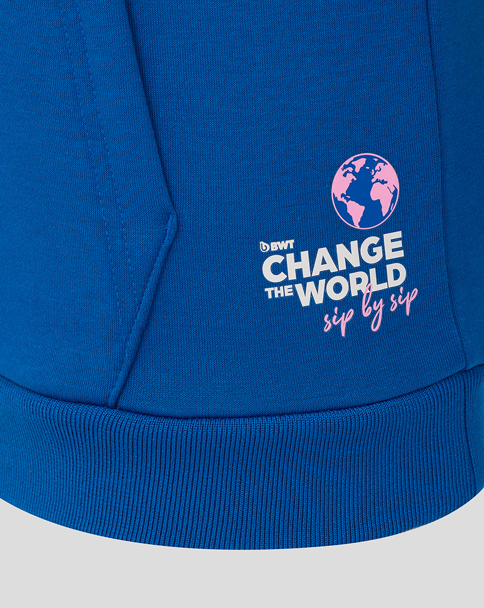 Lapis blue hoodie closeup with pink globe graphic and Change the World sip by sip print