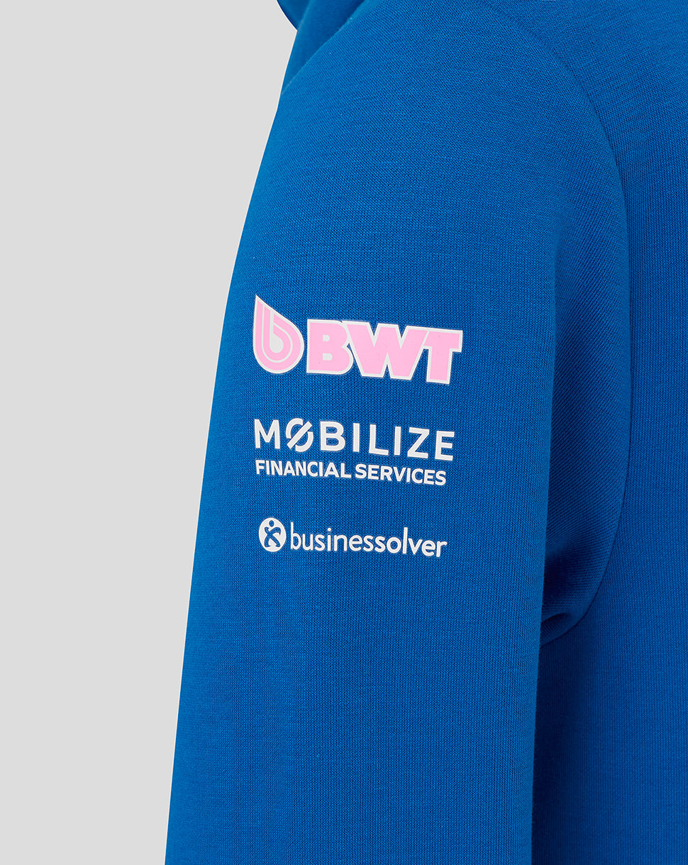 Close-up of the other sleeve with BWT MOBILIZE and Businessolver logos on lapis blue hoodie.