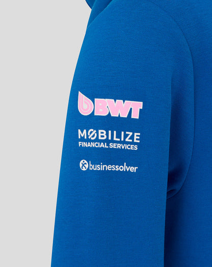 Close-up of the other sleeve with BWT MOBILIZE and Businessolver logos on lapis blue hoodie.