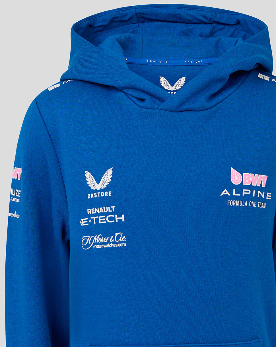 Lapis blue hoodie chest closeup featuring multiple sponsor logos including Castore Renault E-TECH and Alpine branding