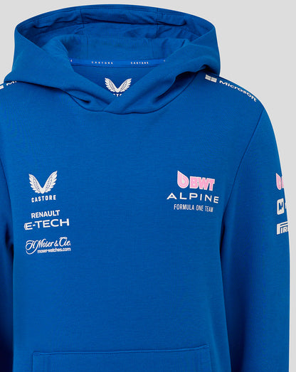Lapis blue hoodie chest closeup showing Castore logo and BWT Alpine branding with sponsors