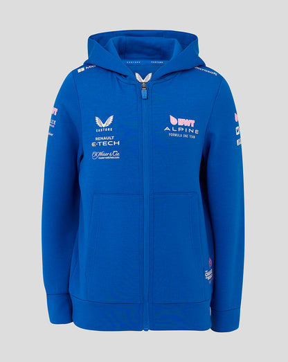Junior blue BWT Alpine F1 Team full zip hoodie featuring logos and front pockets.