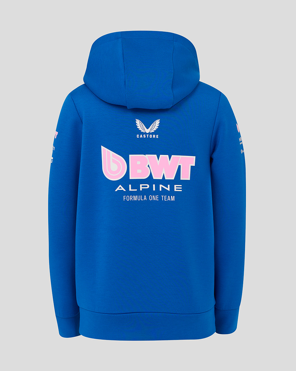 Back view of the blue BWT Alpine F1 Team juniors full zip hoodie with a large logo on the back.
