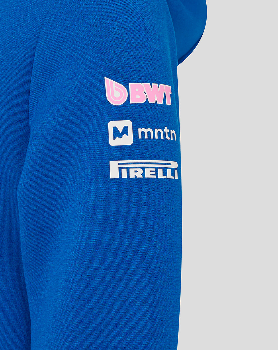 Blue hoodie sleeve featuring BWT Mtn and Pirelli sponsor logos