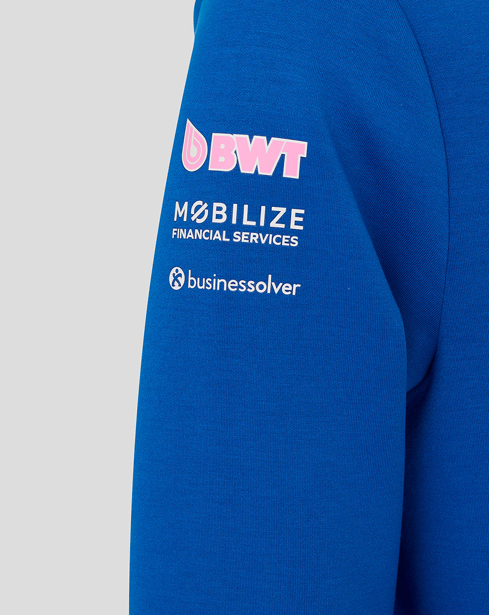Blue BWT Alpine replica hoodie sleeve with pink BWT logo and sponsor graphics