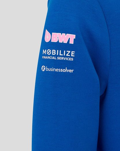 Blue BWT Alpine replica hoodie sleeve with pink BWT logo and sponsor graphics