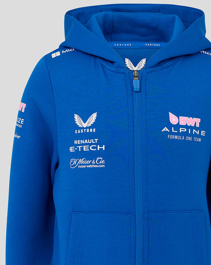 Blue BWT Alpine juniors full zip hoodie front view with chest logos and patch pockets