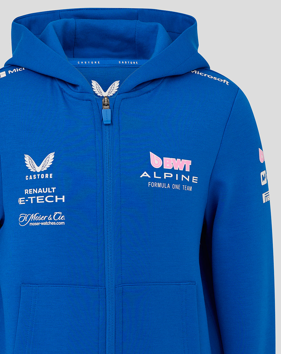 Blue BWT Alpine hoodie chest area with BWT Alpine logo and sponsor branding