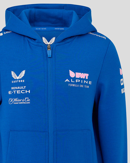 Blue BWT Alpine hoodie chest area with BWT Alpine logo and sponsor branding
