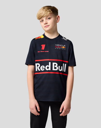 Front view of a young boy wearing a navy Night Sky Oracle Red Bull Racing T shirt with Verstappen number and team logos