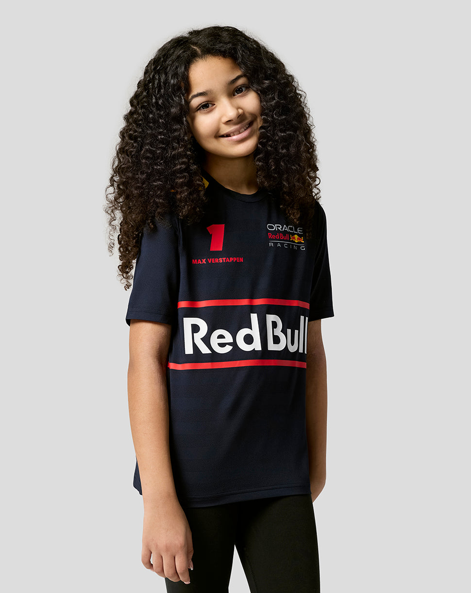 Young child wearing navy night sky Oracle Red Bull Racing Junior Teamline Max Verstappen T Shirt with number 1 and bold branding.