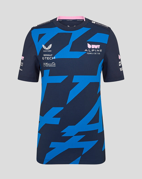 Junior navy BWT Alpine Formula One Team driver jersey with abstract blue graphics.