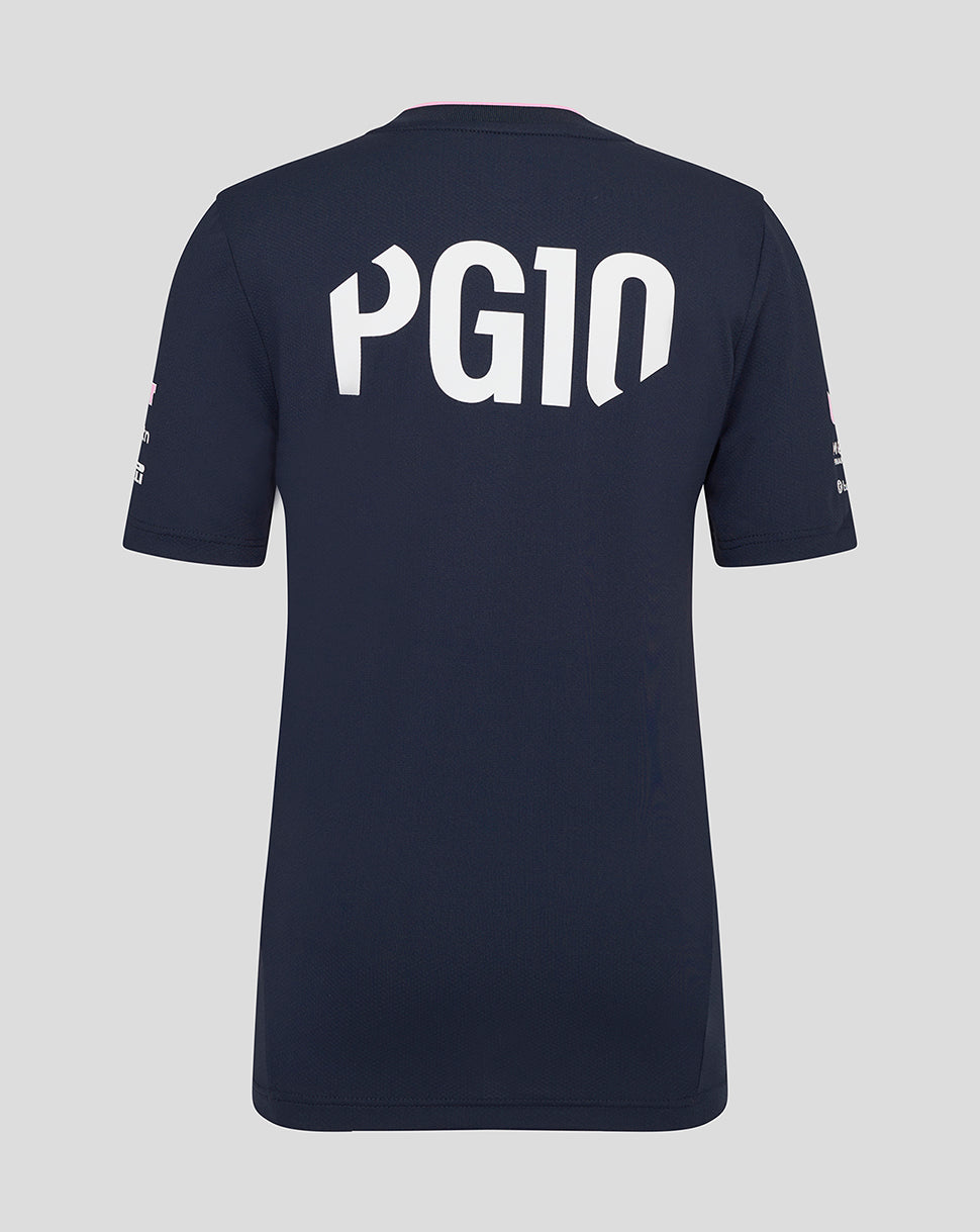 Back view of navy BWT Alpine junior Pierre Gasly driver jersey with large white PG10 on the back.