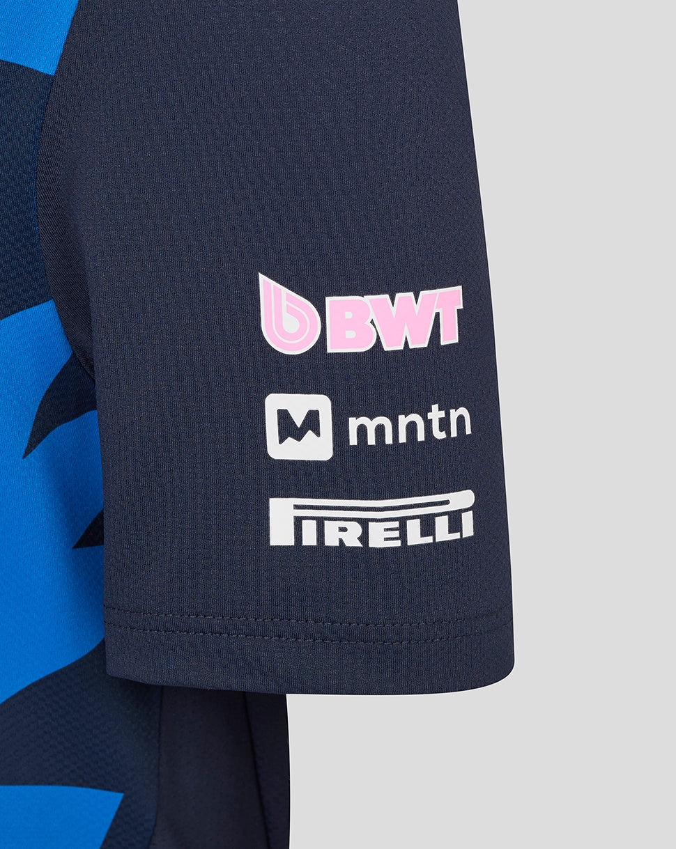 Navy Alpine junior driver jersey sleeve with pink BWT logo and sponsor decals