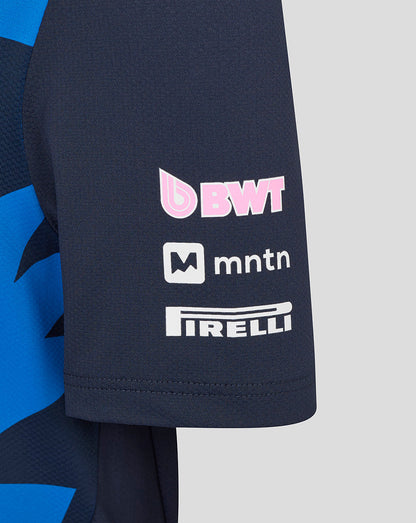 Navy Alpine junior driver jersey sleeve with pink BWT logo and sponsor decals