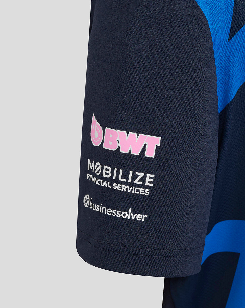 Navy BWT Alpine junior driver jersey sleeve with BWT logo Mobilize Financial Services and businesssolver