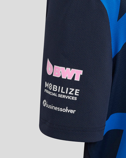 Navy BWT Alpine junior driver jersey sleeve with BWT logo Mobilize Financial Services and businesssolver