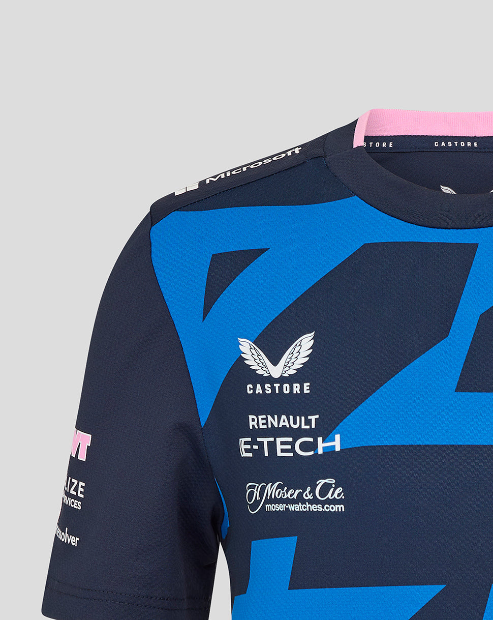 Close-up of navy Alpine junior driver jersey chest with blue geometric print and sponsor logos such as Castore Renault E-TECH.