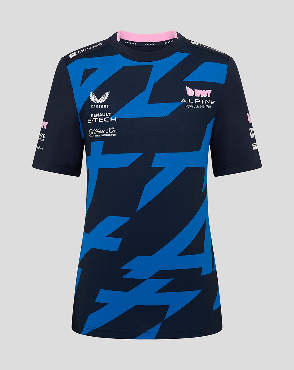 Front view of the BWT Alpine junior Jack Doohan driver jersey in navy with bold blue geometric pattern and sponsor logos