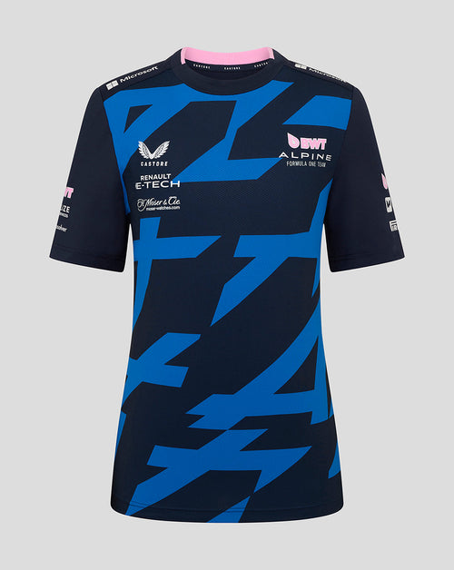 Front view of the BWT Alpine junior Jack Doohan driver jersey in navy with bold blue geometric pattern and sponsor logos