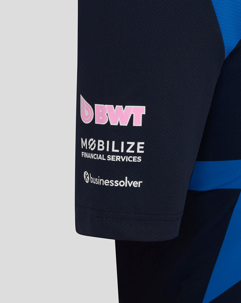 Close-up of navy jersey sleeve featuring BWT logo and Mobilize Financial Services branding