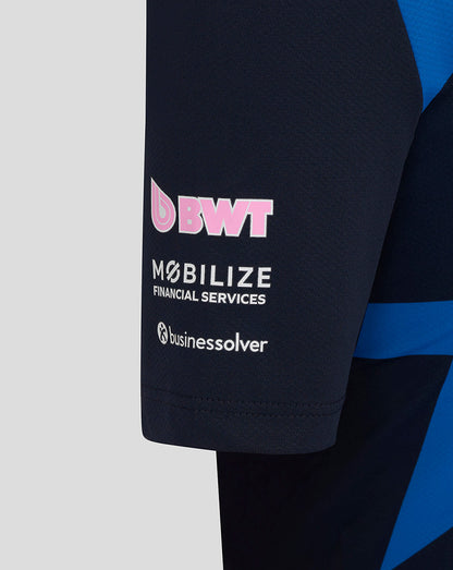 Close-up of navy jersey sleeve featuring BWT logo and Mobilize Financial Services branding