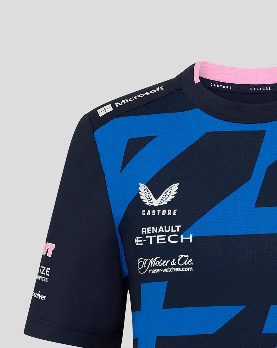 Front close-up of navy Alpine junior driver jersey with bold blue graphics and sponsor logos.