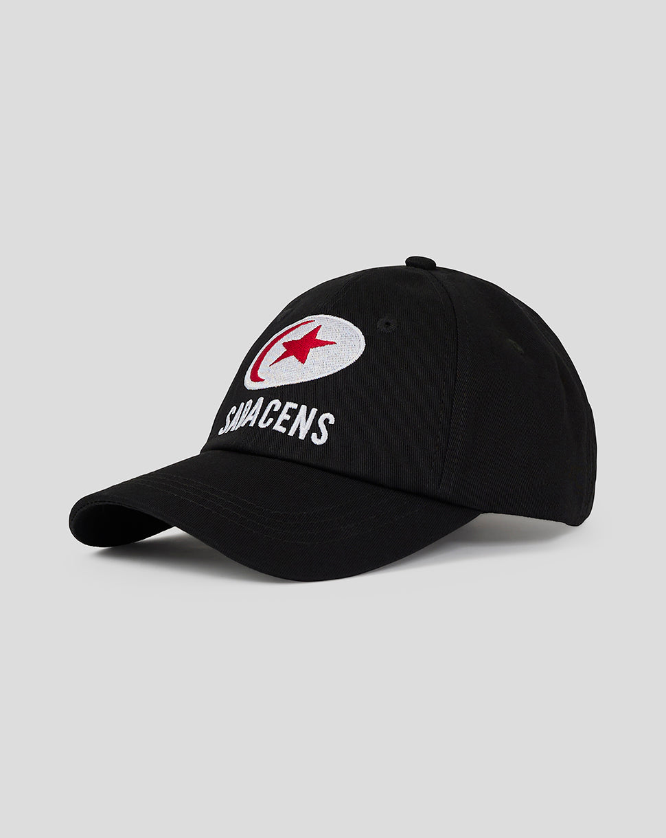Side view of black Saracens Junior 24/25 Training Cap with curved brim and embroidered logo
