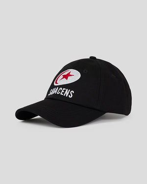 Side view of black Saracens Junior 24/25 Training Cap with curved brim and embroidered logo