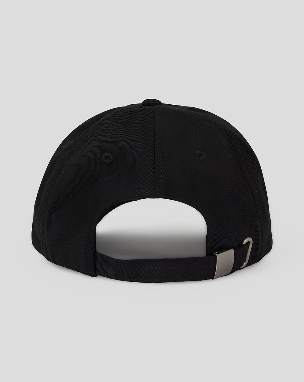 Back view of black Saracens Junior 24/25 Training Cap showing adjustable strap and buckle