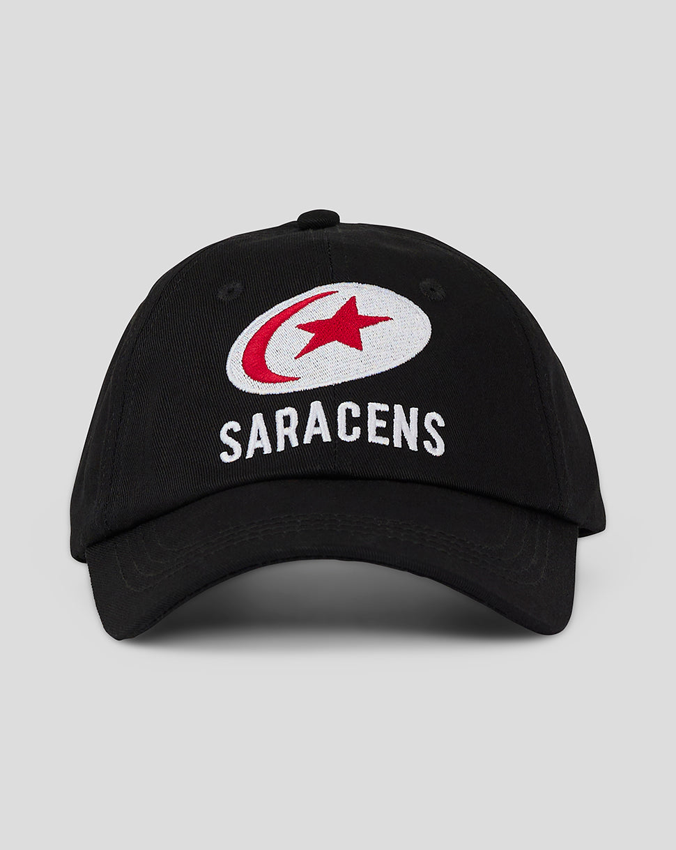 Front view of Saracens Junior 24/25 Training Cap in black with white and red embroidered logo