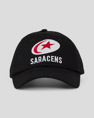 Front view of Saracens Junior 24/25 Training Cap in black with white and red embroidered logo