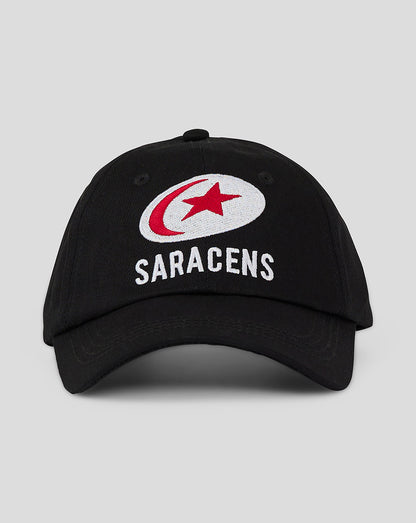 Front view of Saracens Junior 24/25 Training Cap in black with white and red embroidered logo