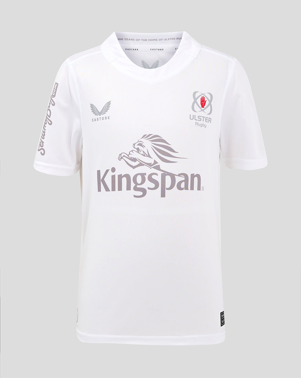 White Ulster Junior home shirt with Kingspan logo across the front and Ulster crest on the chest.