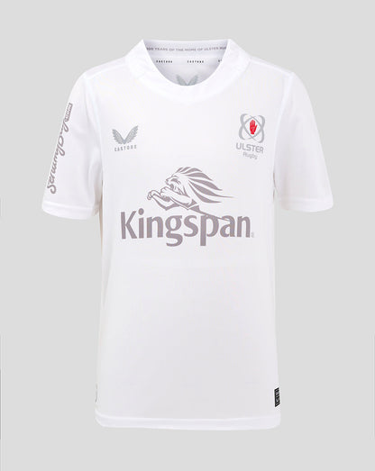 White Ulster Junior home shirt with Kingspan logo across the front and Ulster crest on the chest.