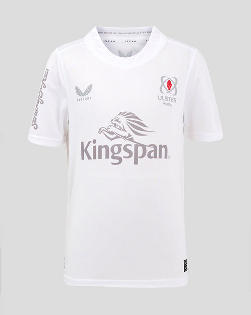 White Ulster Junior home shirt with Kingspan logo across the front and Ulster crest on the chest.