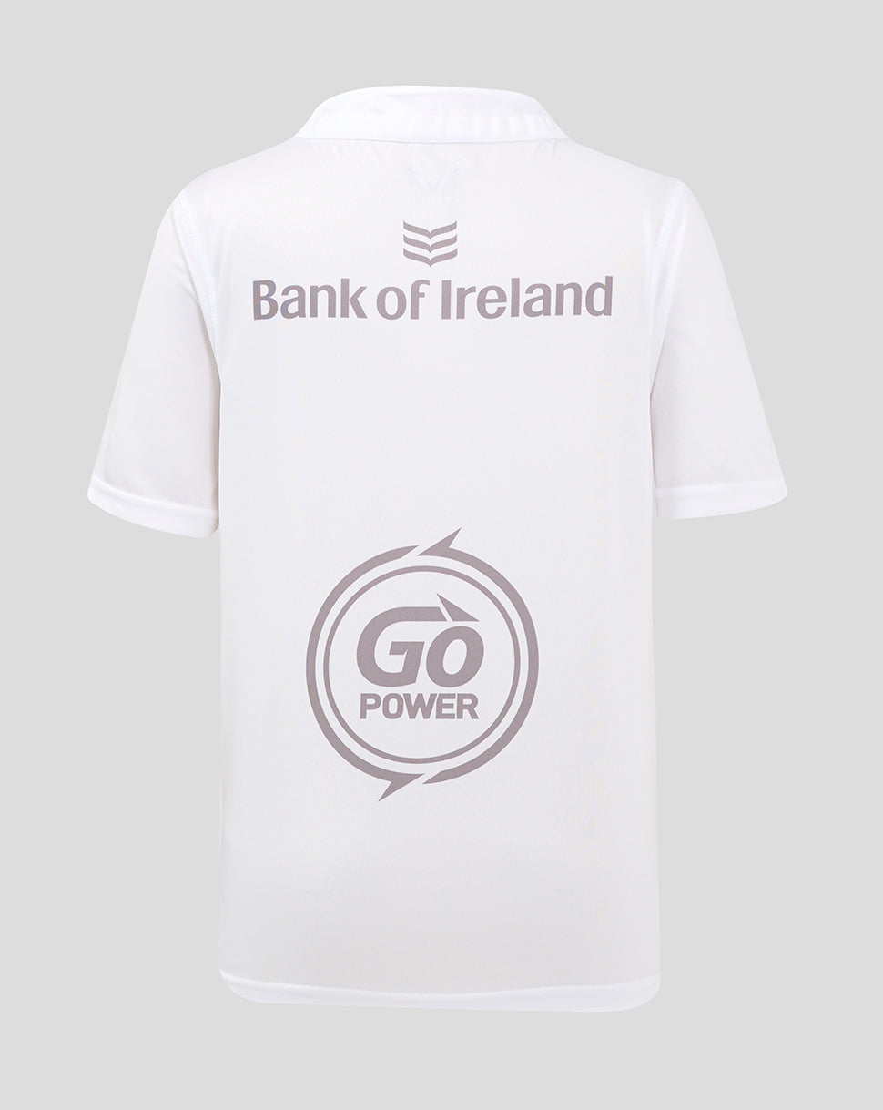 Back view of white Ulster shirt with Bank of Ireland at the top and Go Power graphic lower.