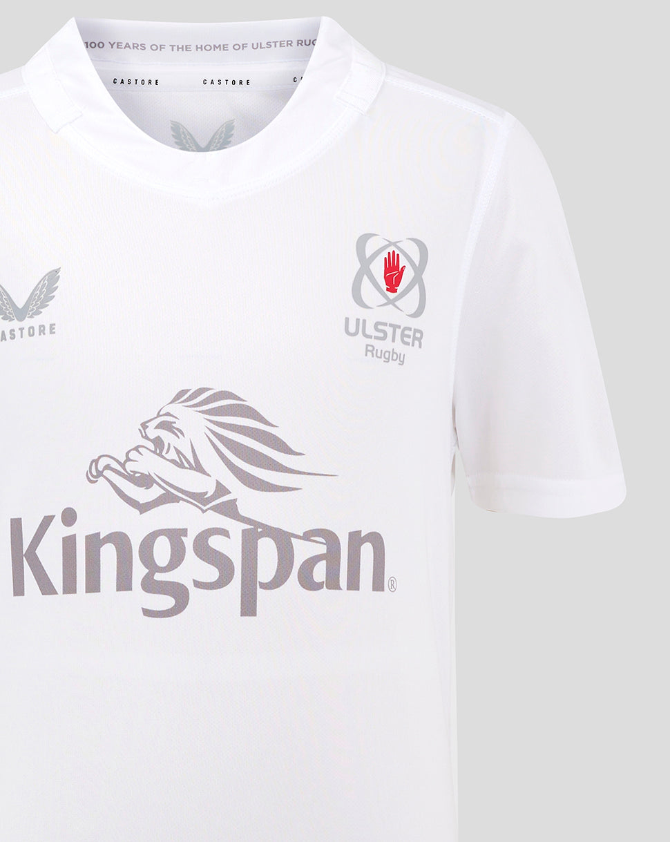 Front view of white Ulster home rugby shirt featuring Kingspan sponsor and Ulster crest on the chest.