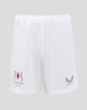 Front view of white Ulster junior home shorts with Ulster Rugby crest on the left leg and Castore logo on the right
