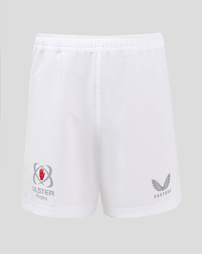 Front view of white Ulster junior home shorts with Ulster Rugby crest on the left leg and Castore logo on the right