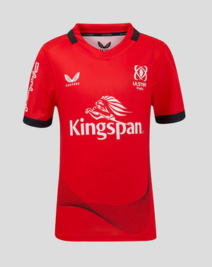 Ulster Junior away rugby jersey 24/25 in red with Kingspan sponsor and white crest logos.