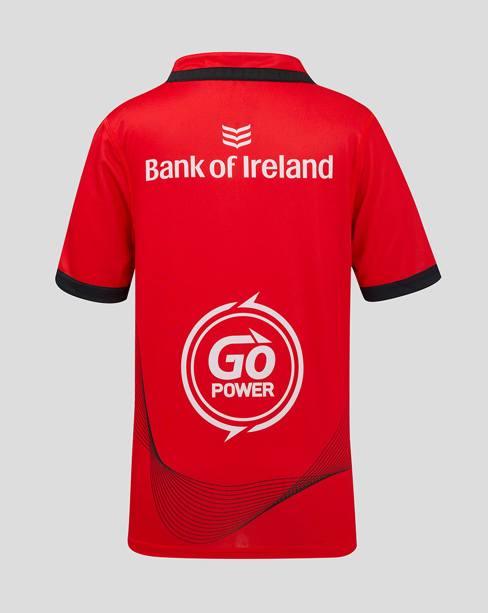 Back view of red Ulster junior away rugby shirt with Bank of Ireland on upper back and Go Power graphic