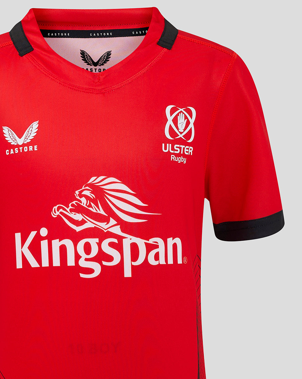 Front view of red Ulster Junior 24/25 away rugby shirt with Kingspan sponsor and Ulster Rugby crest