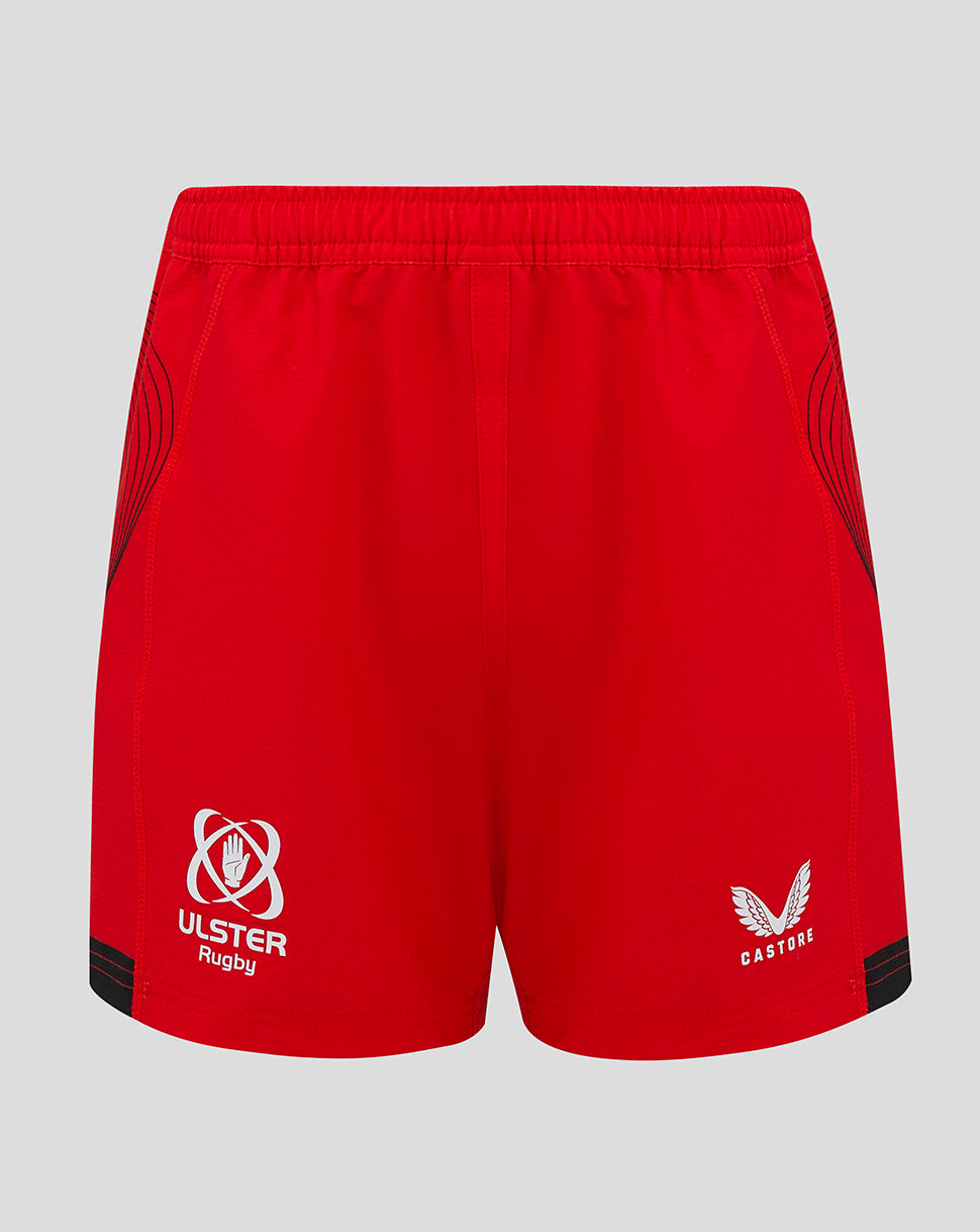 Front view of red Ulster Junior 24/25 Away Shorts with Ulster Rugby crest on left leg and Tobermore logo on right leg