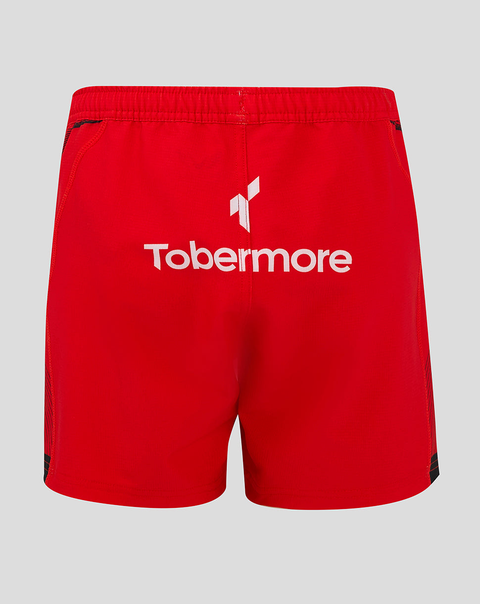 Back view of red Ulster Junior 24/25 Away Shorts with large Tobermore branding across the seat