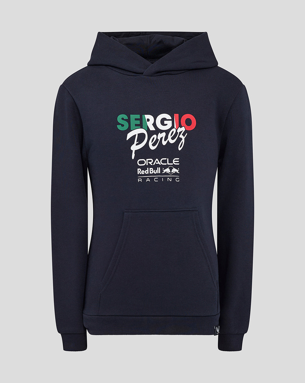 Navy junior hoodie with Sergio Perez flag branding and Red Bull Racing logos on chest