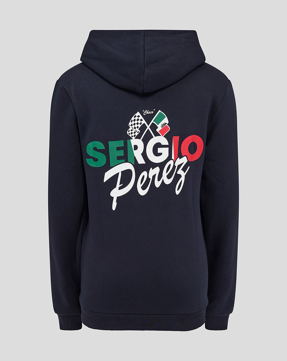 Back view of navy junior hoodie with Sergio Perez graphic in green white red and crossed flags above