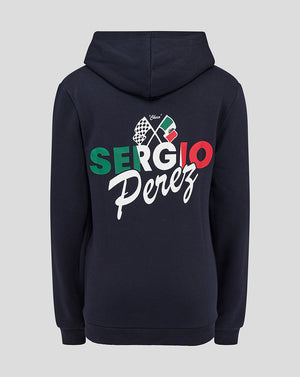 Back view of navy junior hoodie with Sergio Perez graphic in green white red and crossed flags above